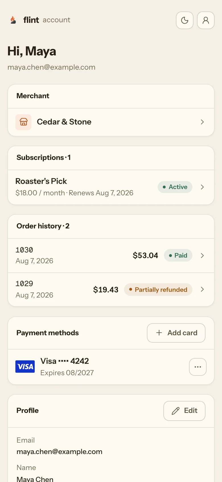 Flint buyer portal on a phone: order history with a partially refunded order, an active subscription and a saved card