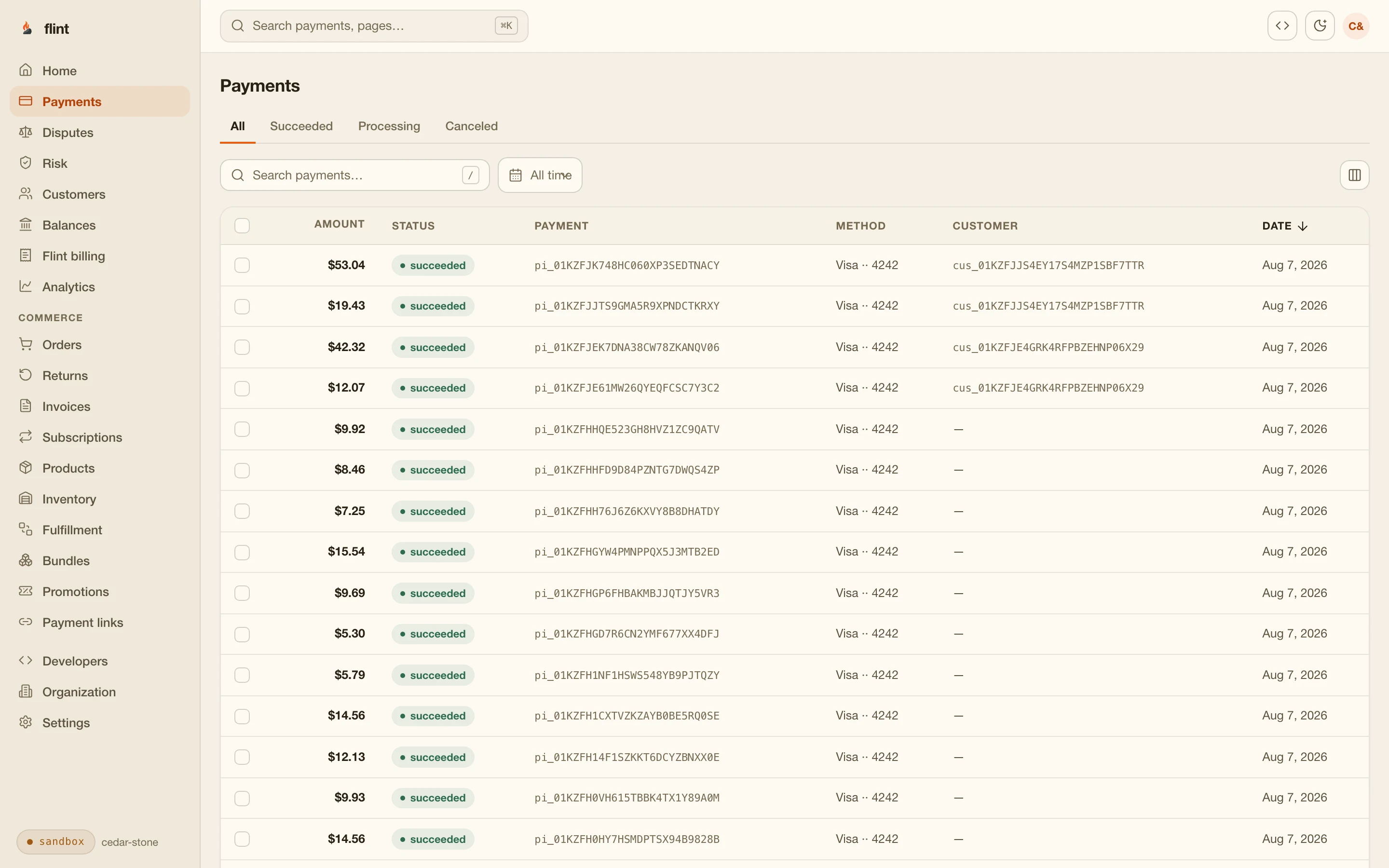 Flint dashboard payments list: amounts, statuses, payment ids, card methods and customers for a day of coffee shop orders